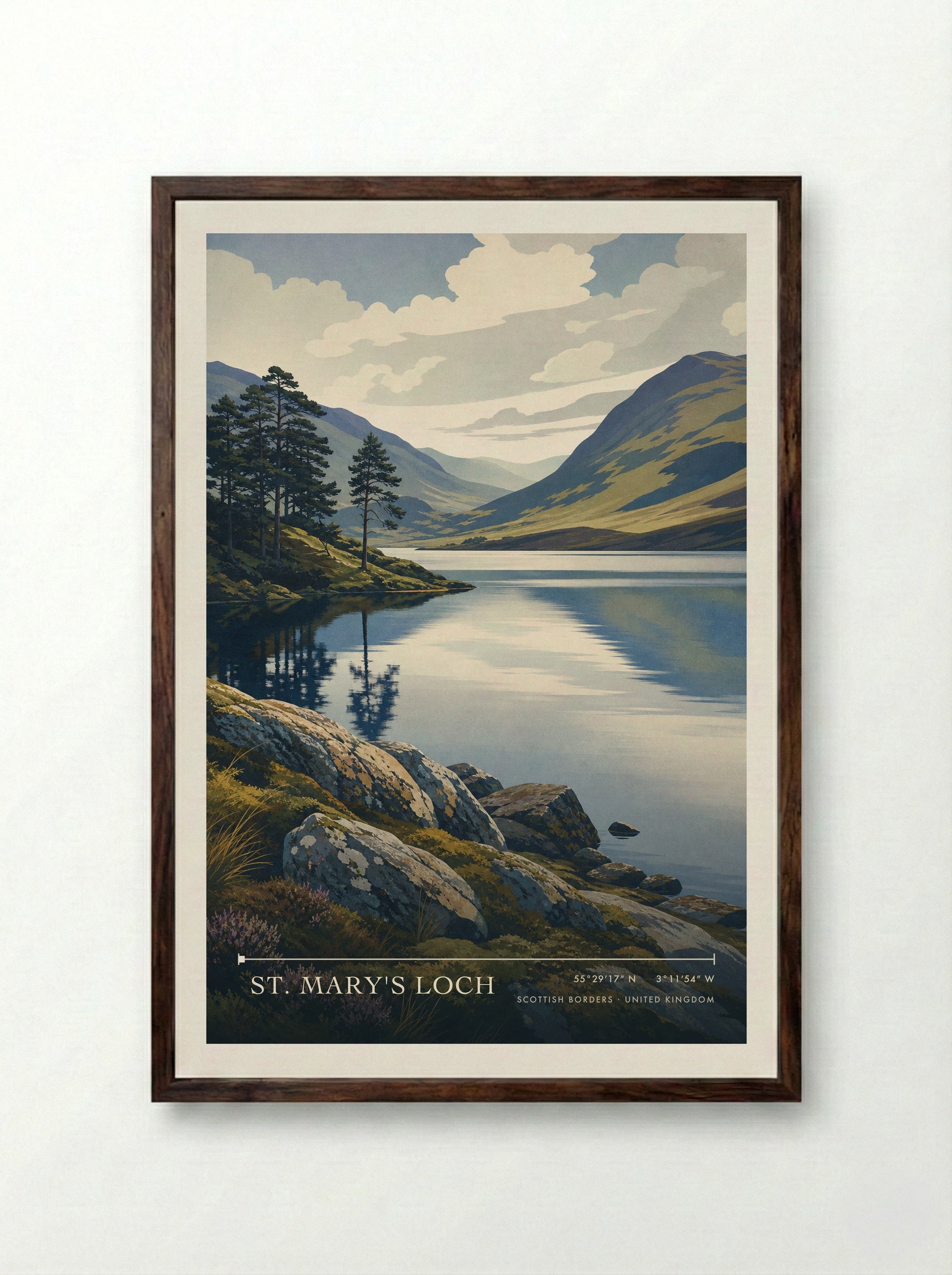 St. Mary's Loch Scottish Borders United Kingdom Travel Poster - Framed Print Dark Wood
