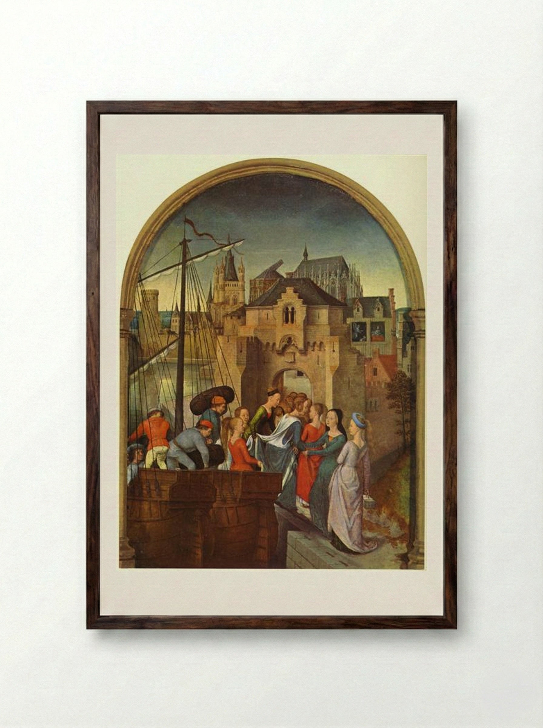 St. Ursula and her companions landing at Cologne - Hans Memling - Framed Print Dark Wood