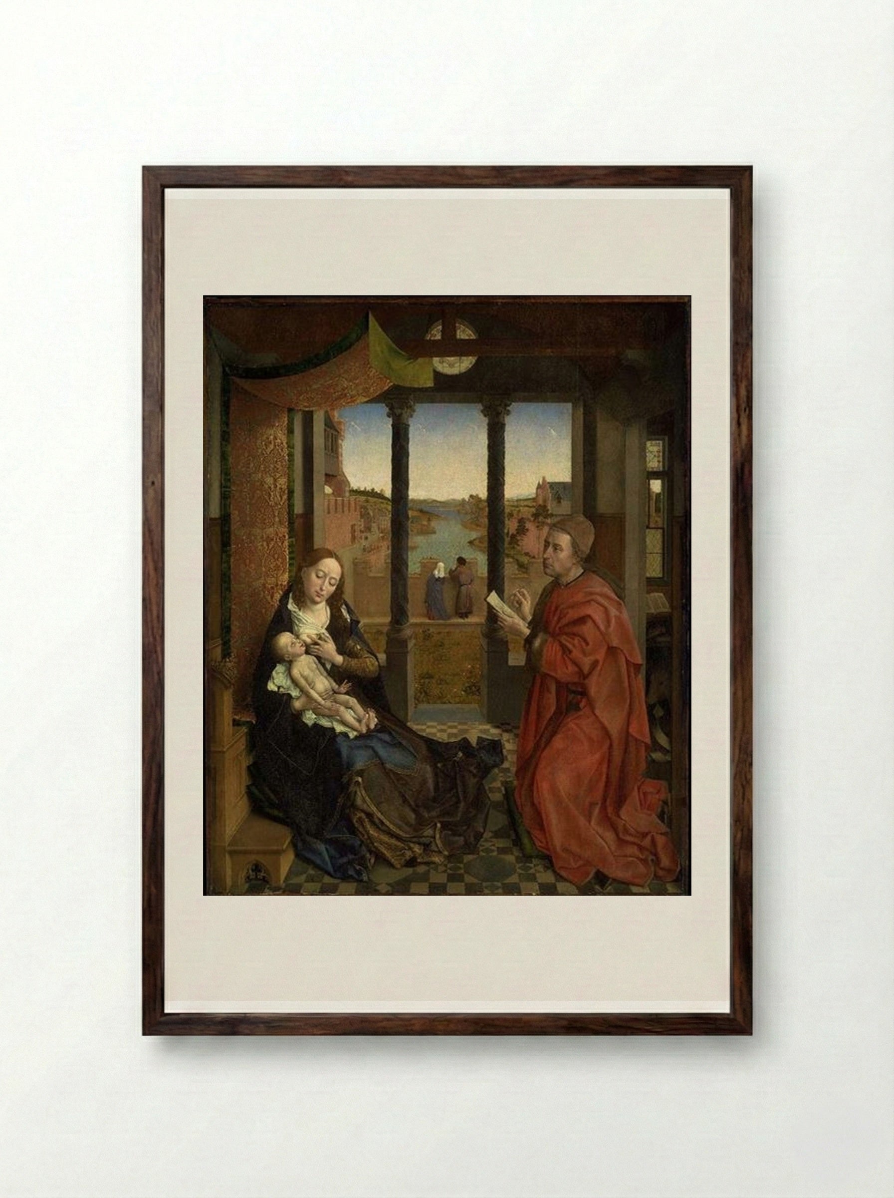 St. Luke Drawing a Portrait of the Virgin Mary - Rogier van der Weyden - Framed Print Dark Wood