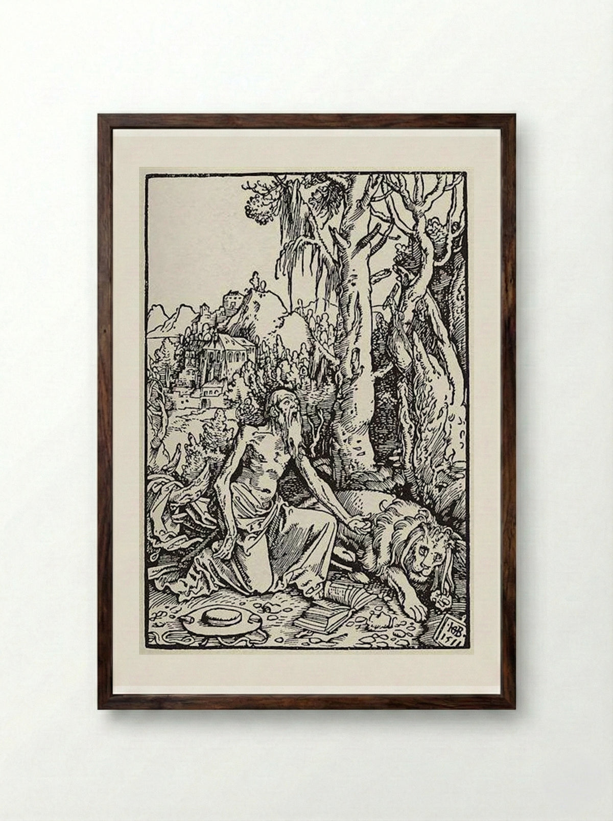 St. Jerome in the Wilderness - Hans Baldung Grien - Framed Print Dark Wood