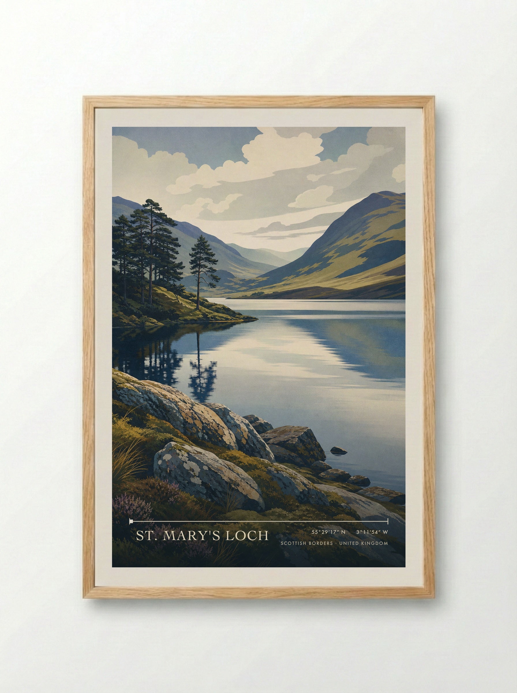 St. Mary's Loch Scottish Borders United Kingdom Travel Poster - Framed Print Wood