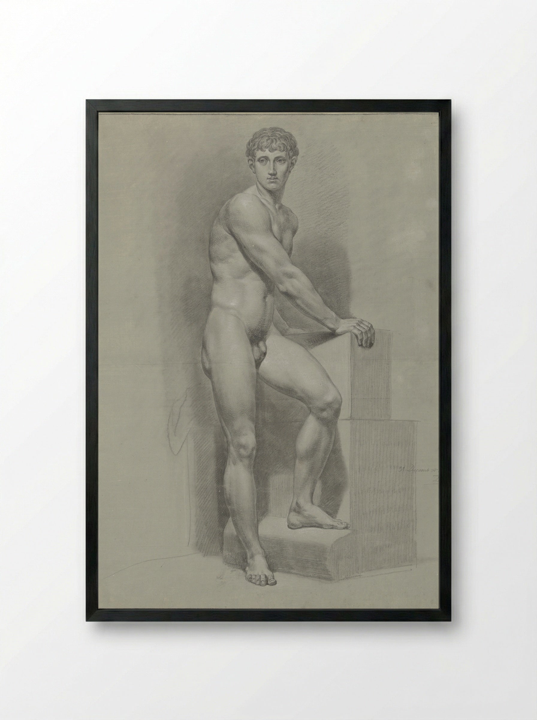 Staand mannelijk naakt, de armen op een blok - Jean Grandjean - Framed Print Black