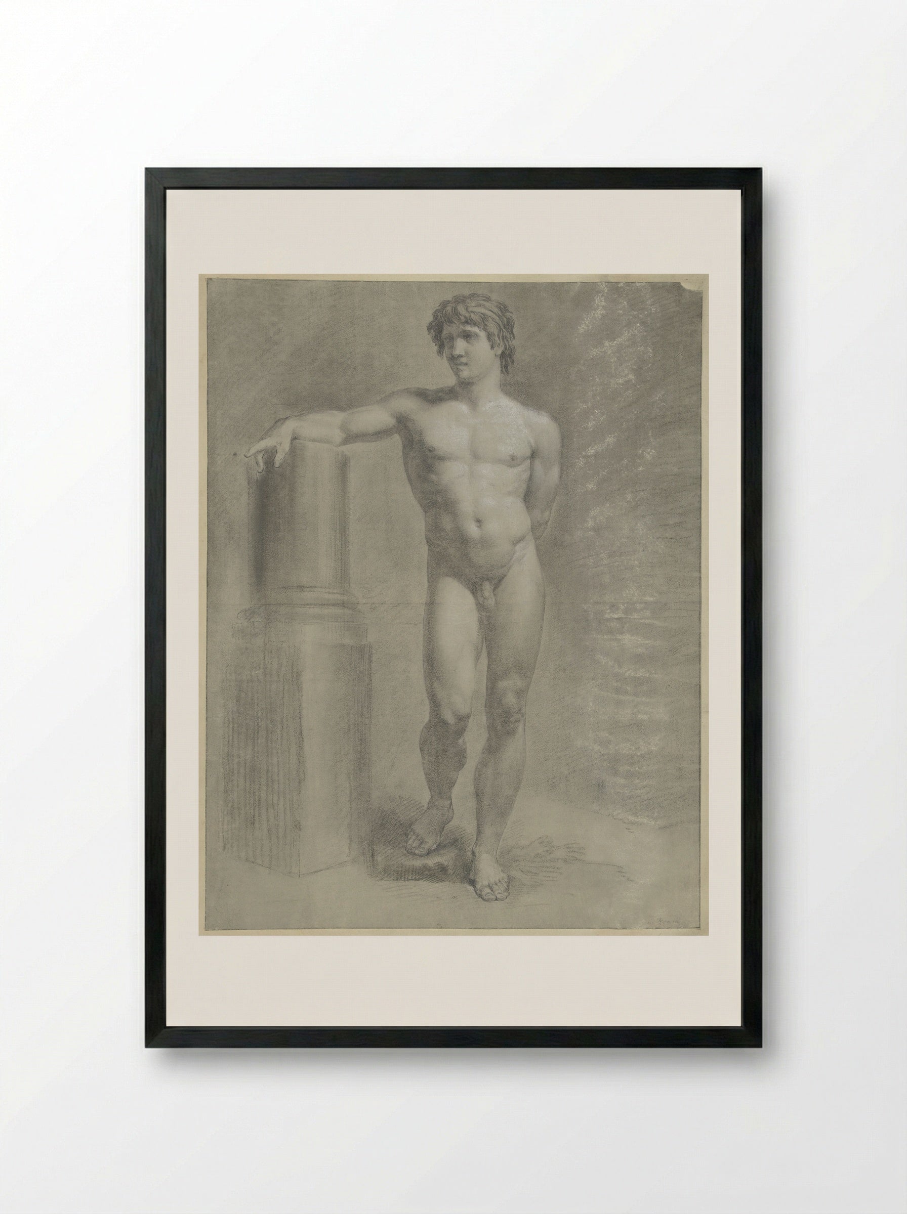 Staand mannelijk naakt, de rechterarm op een afgebroken zuil, van voren - Jean Grandjean - Framed Print Black