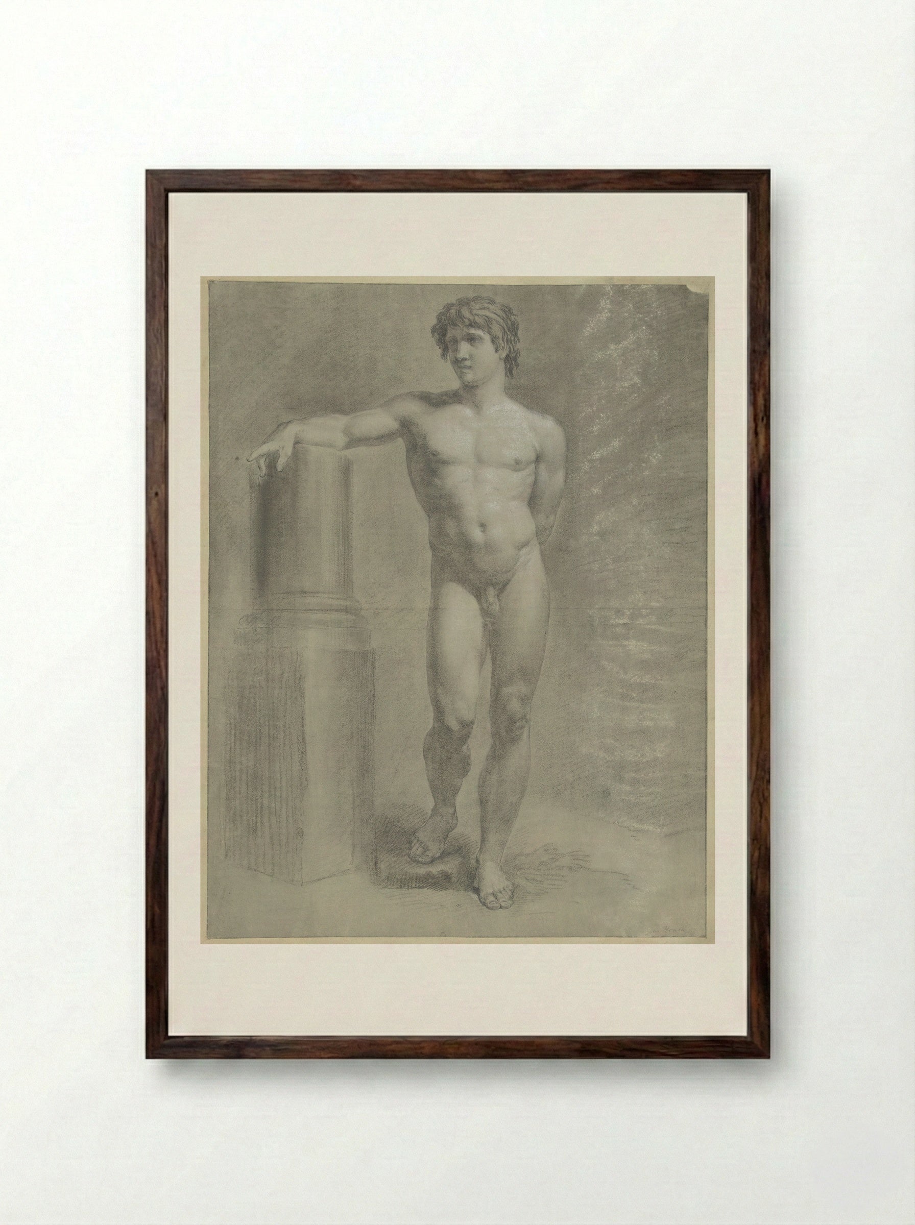 Staand mannelijk naakt, de rechterarm op een afgebroken zuil, van voren - Jean Grandjean - Framed Print Dark Wood