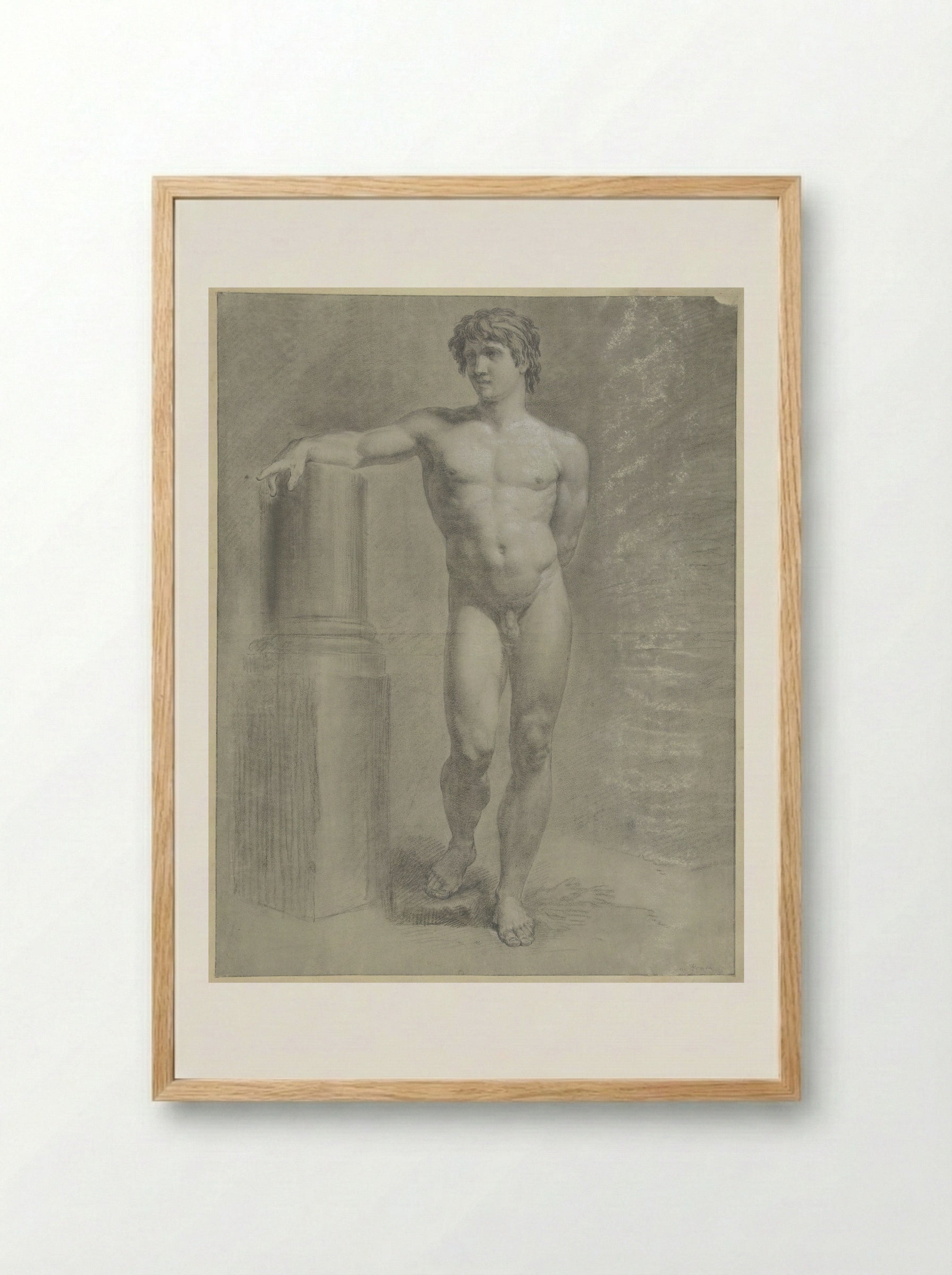 Staand mannelijk naakt, de rechterarm op een afgebroken zuil, van voren - Jean Grandjean - Framed Print Wood