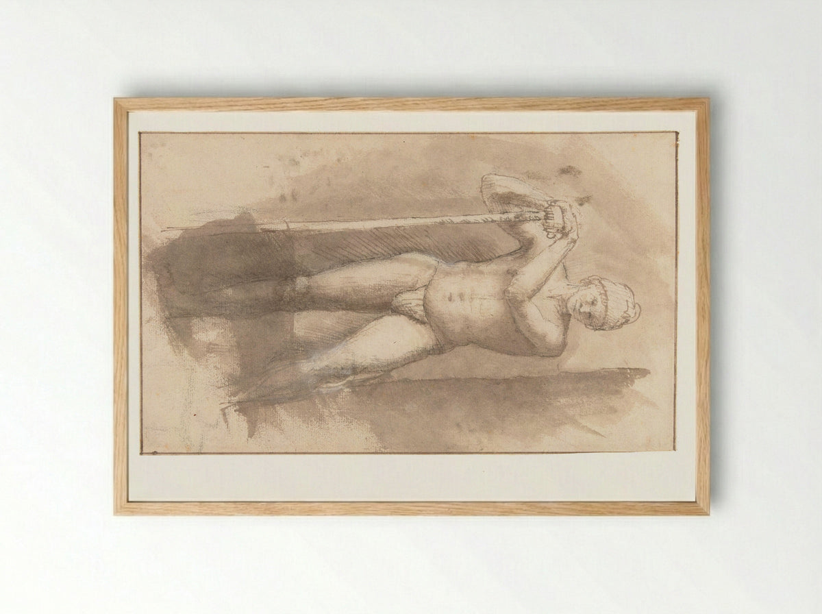 Staand mannelijk naakt met stok - Constantijn à Renesse - Framed Print Wood