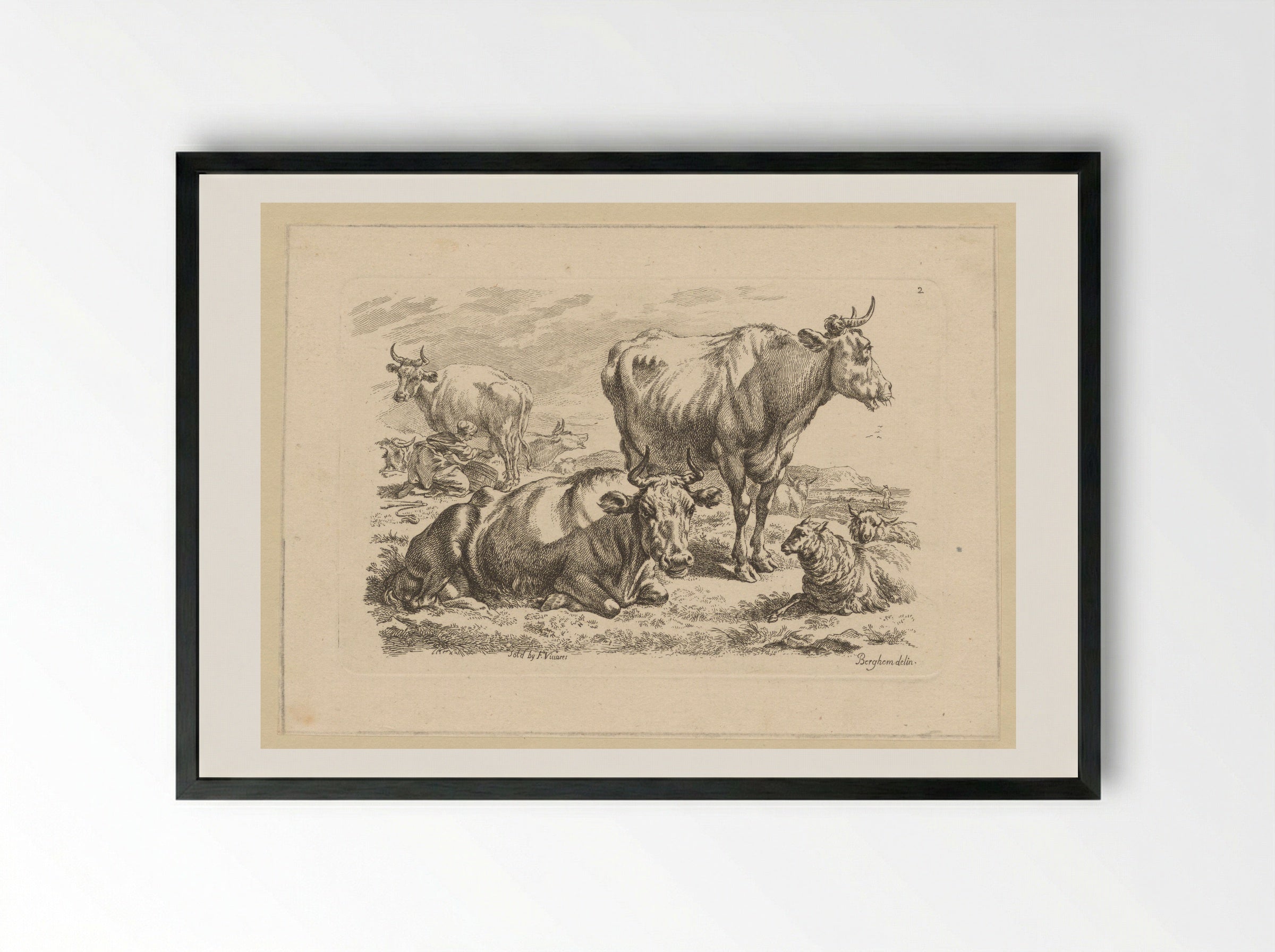 Staande en liggende runderen en een koe die gemolken wordt - François Vivares - Framed Print Black