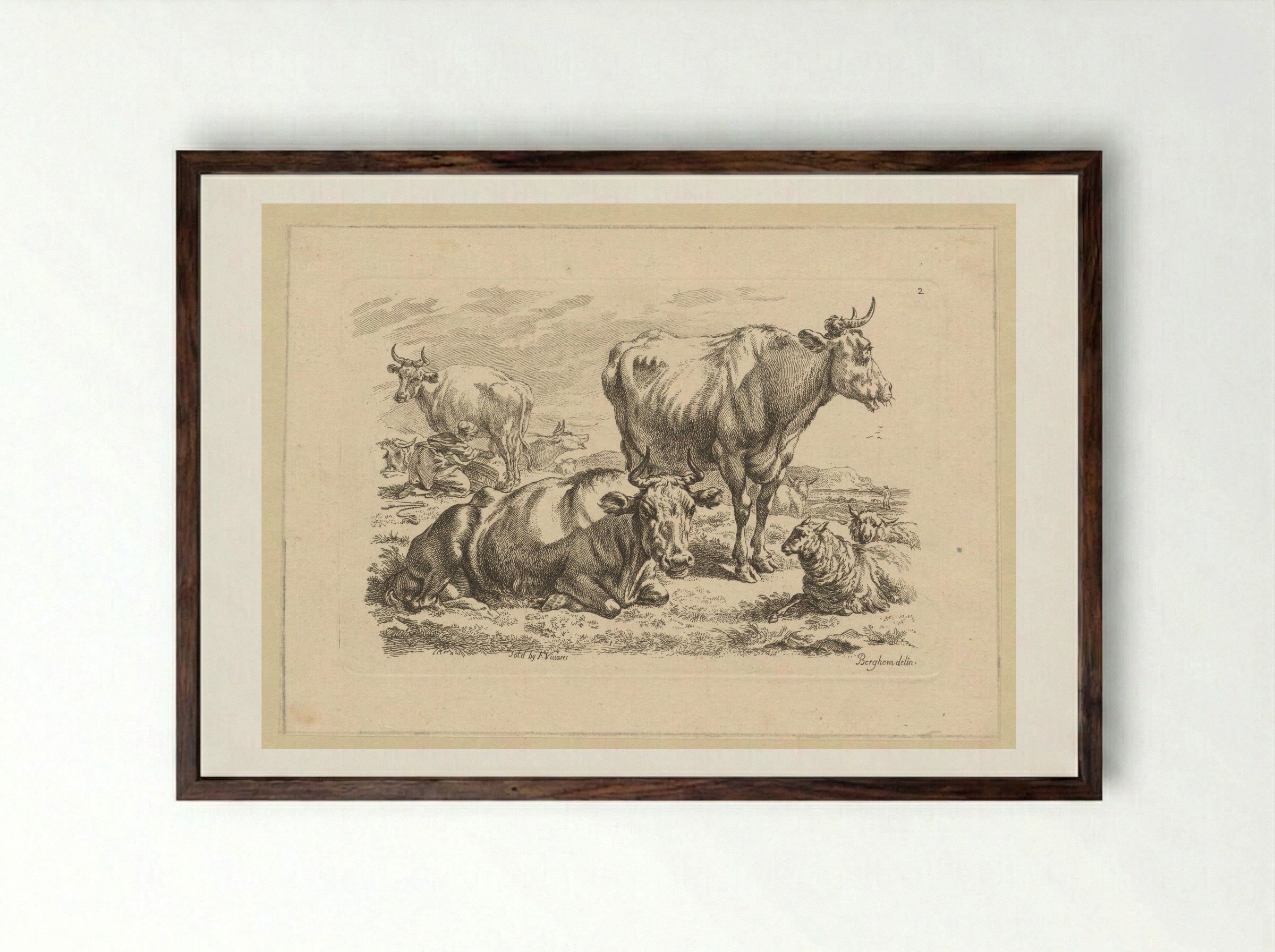 Staande en liggende runderen en een koe die gemolken wordt - François Vivares - Framed Print Dark Wood