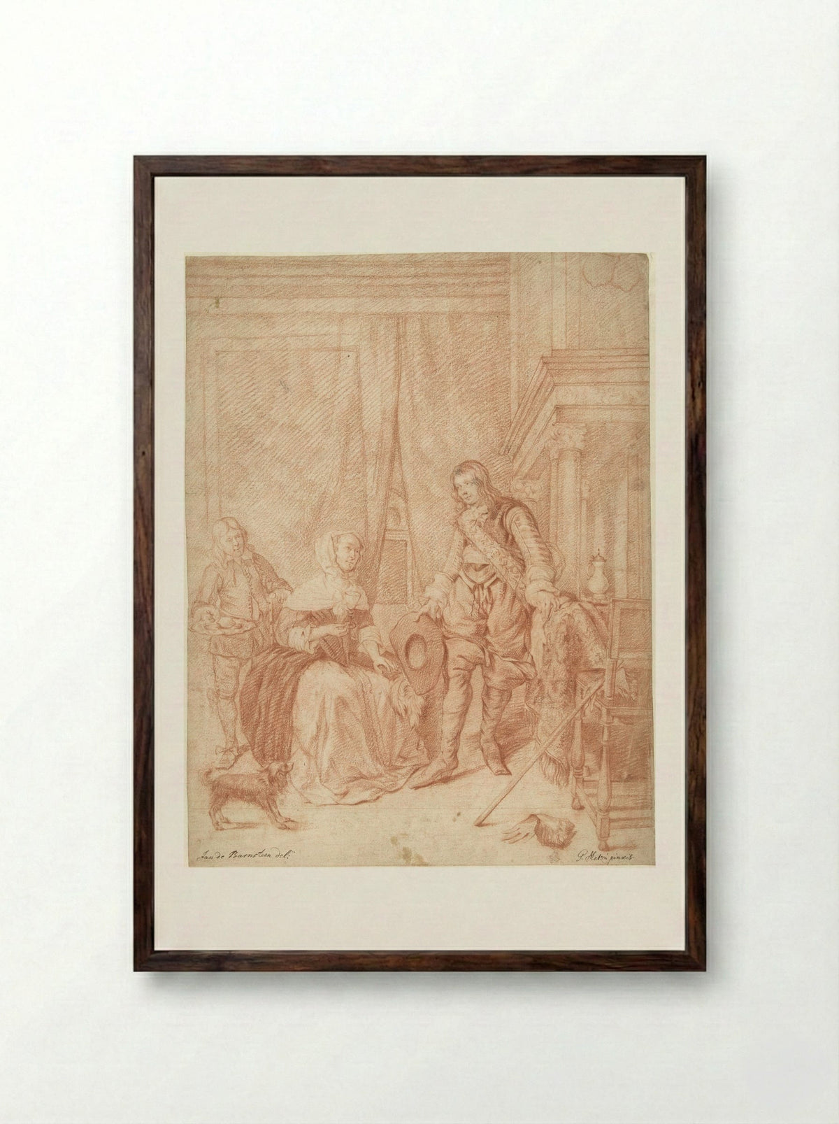 Staande jongeman, zittende vrouw en een dienstbode - Jan de Barnsteen - Framed Print Dark Wood