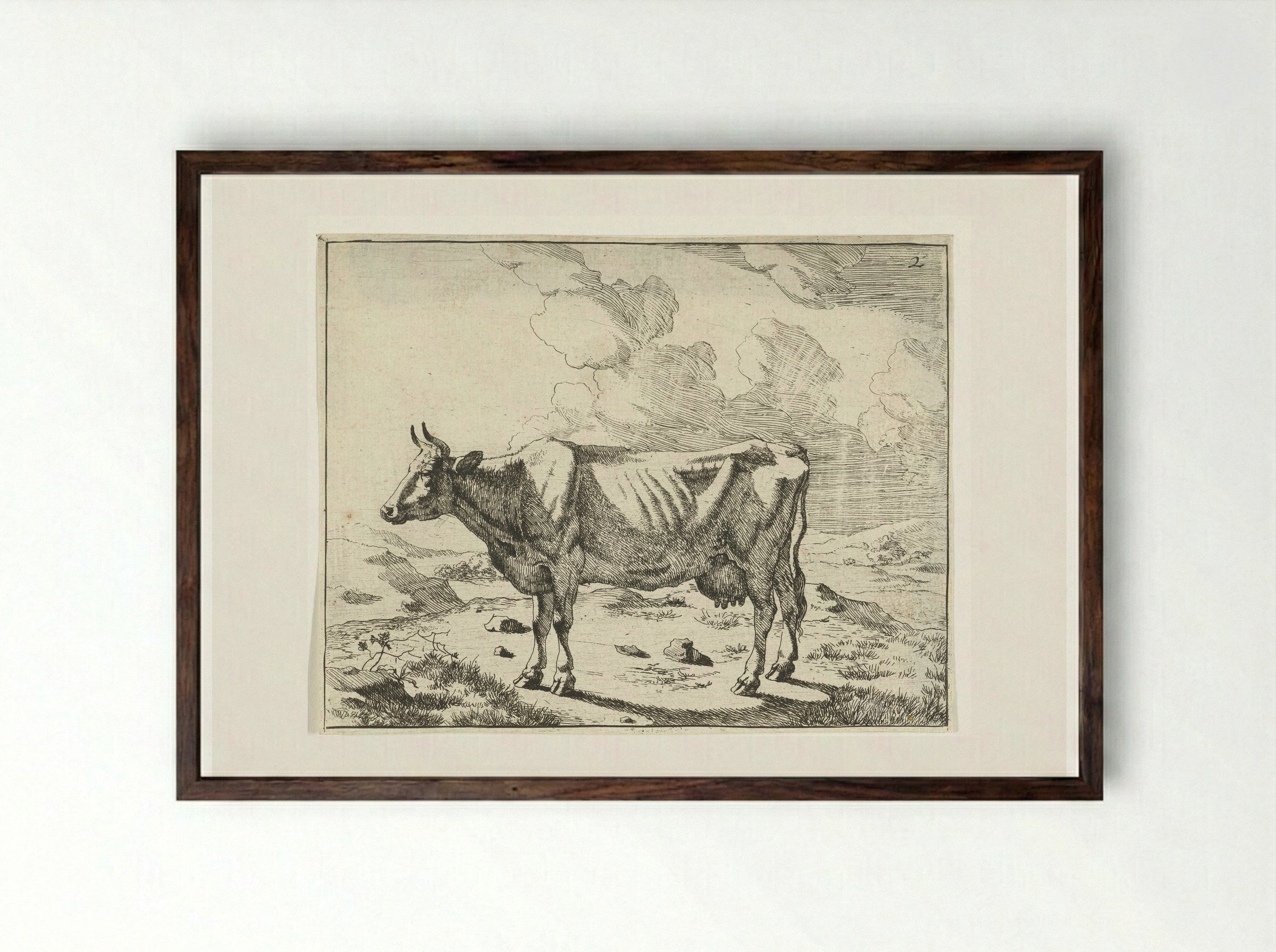 Staande koe bij wolkenlucht - Marcus de Bye - Framed Print Dark Wood
