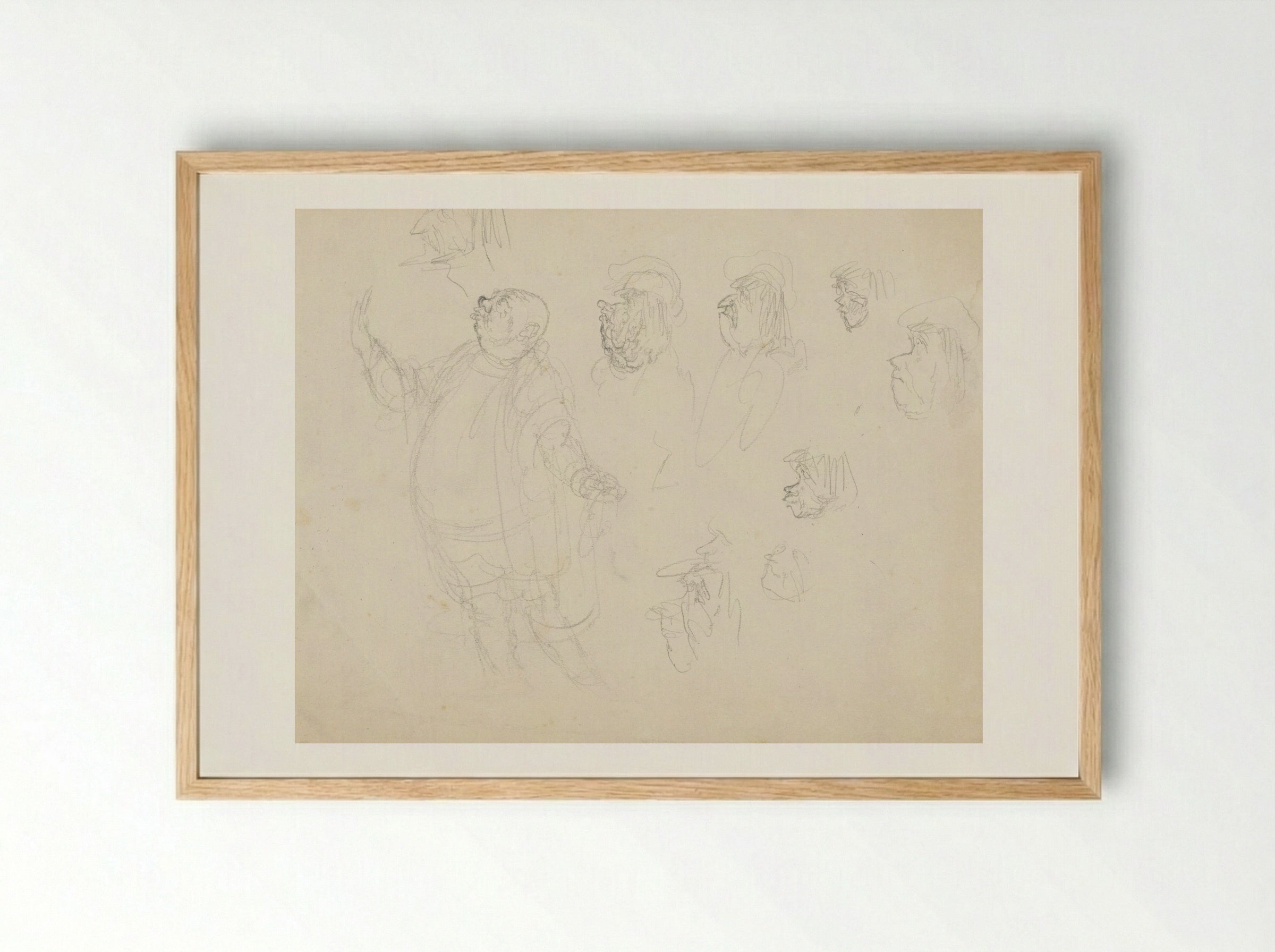 Staande man en verschillende gezichten - Henk Henriët - Framed Print Wood