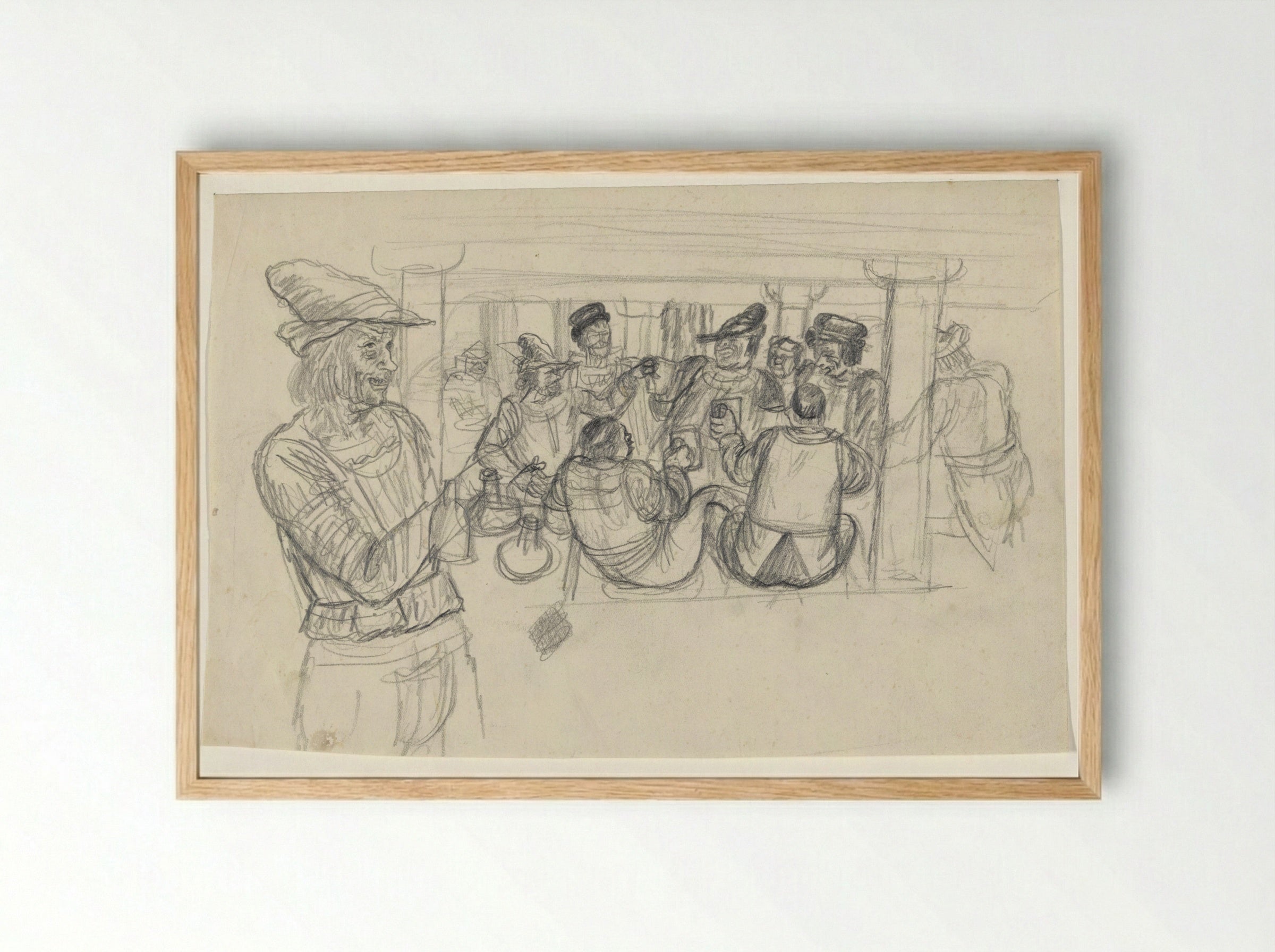 Staande man met hoed en daarachter een gezelschap zittende mannen - Henk Henriët - Framed Print Wood