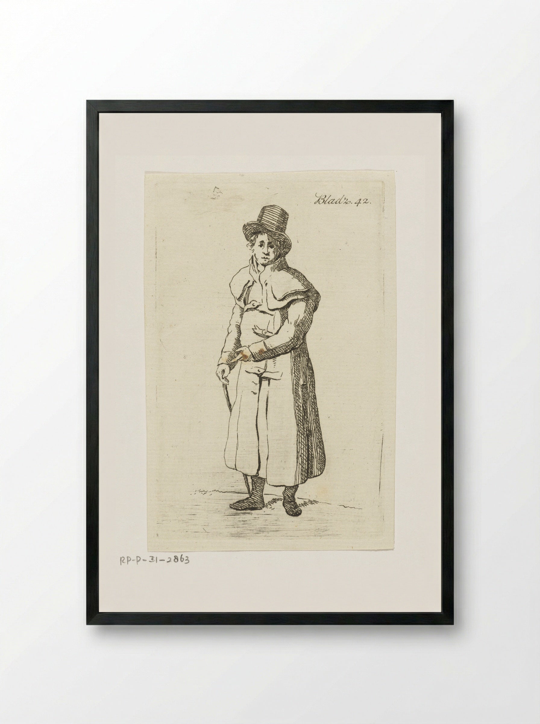 Staande man met lange jas, hoed en wandelstok - Anthonie van den Bos - Framed Print Black
