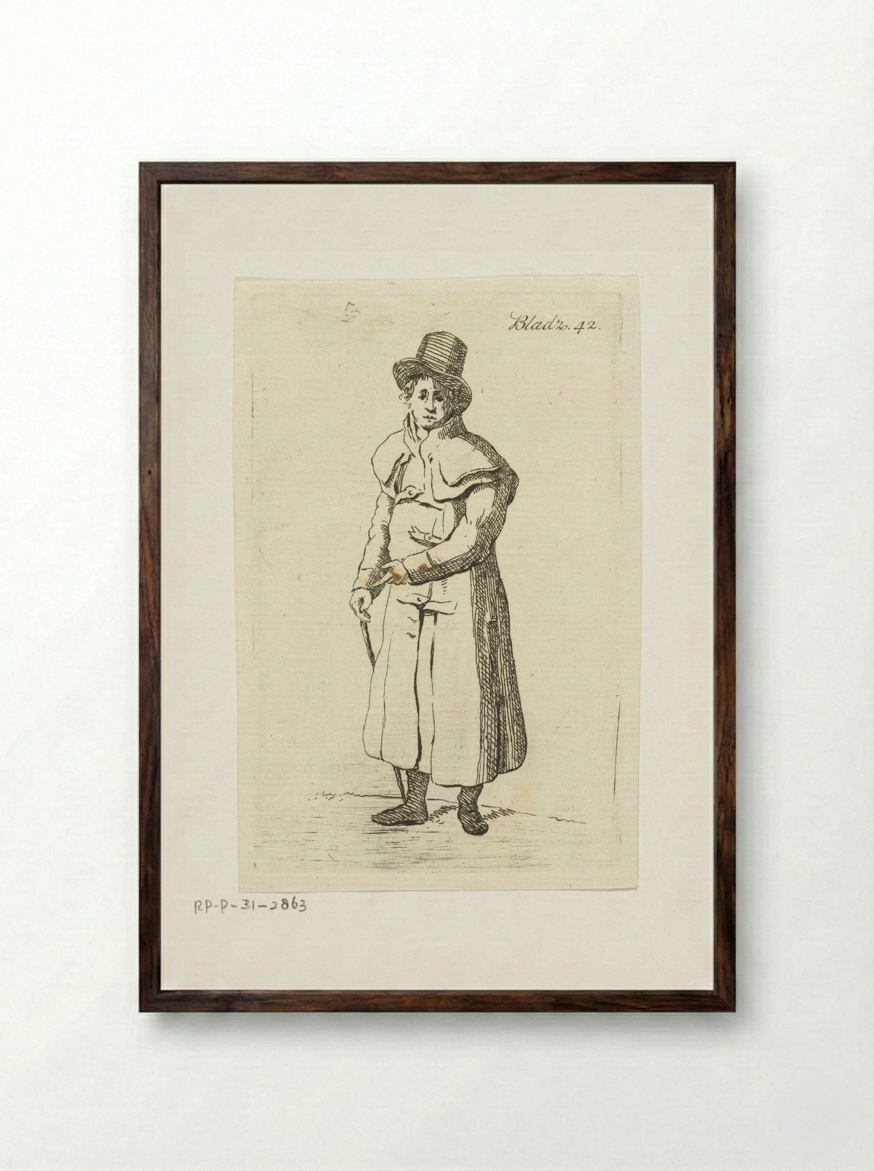 Staande man met lange jas, hoed en wandelstok - Anthonie van den Bos - Framed Print Dark Wood
