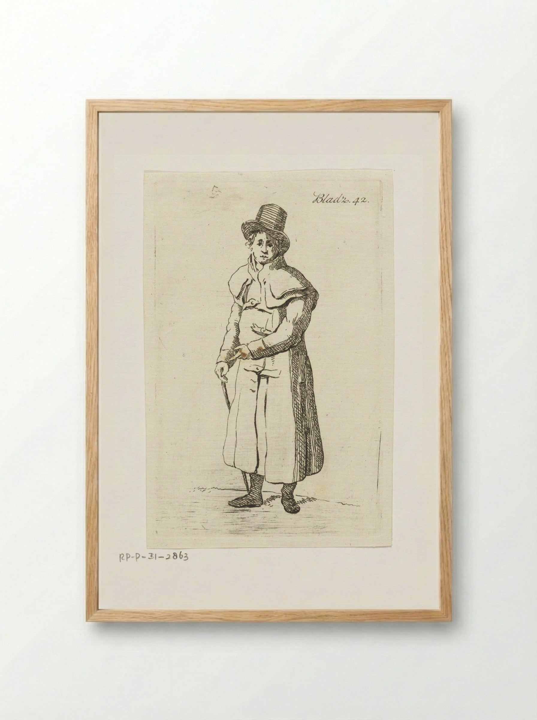 Staande man met lange jas, hoed en wandelstok - Anthonie van den Bos - Framed Print Wood