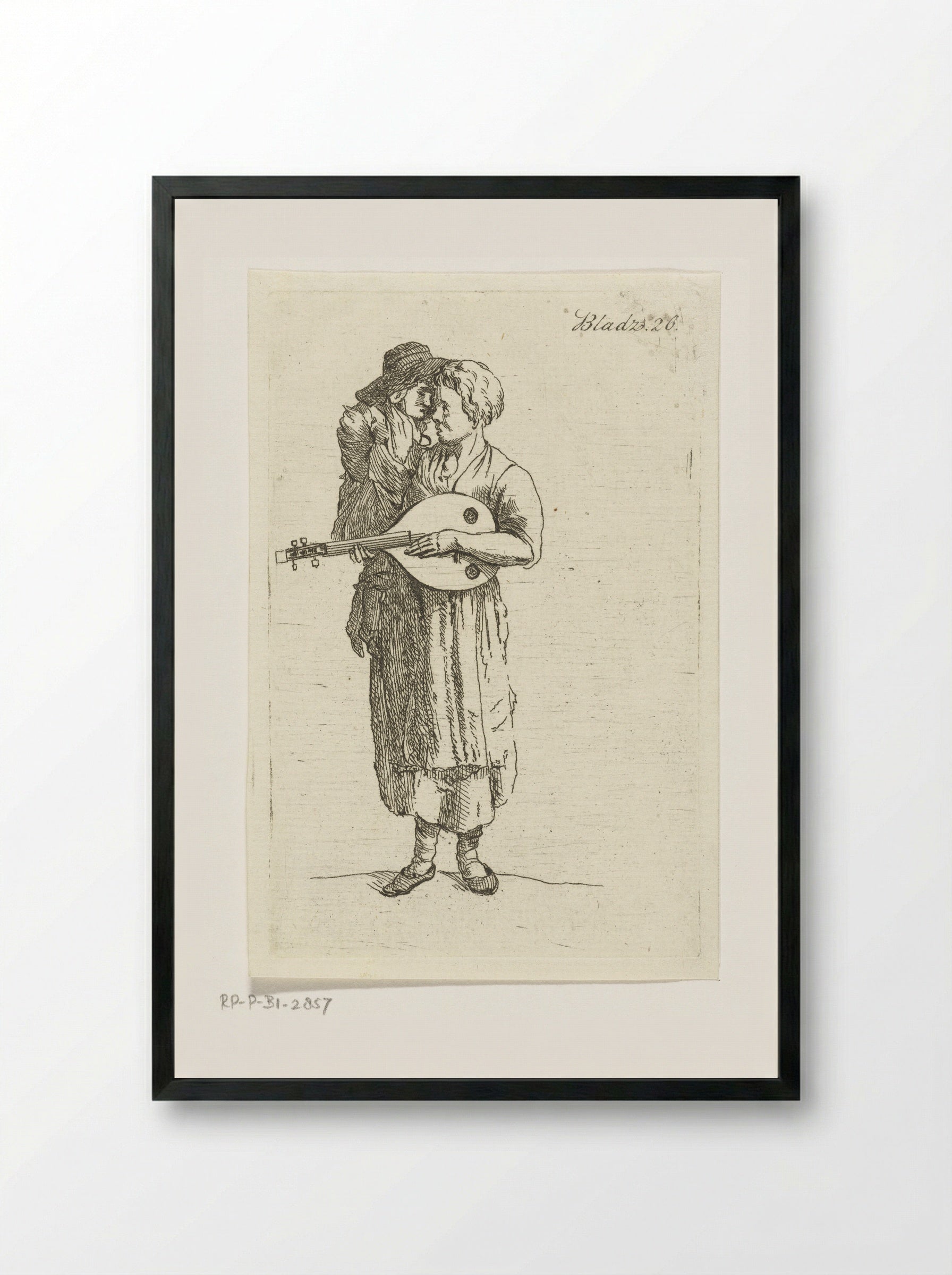 Staande muzikant met handpop en luit - Anthonie van den Bos - Framed Print Black
