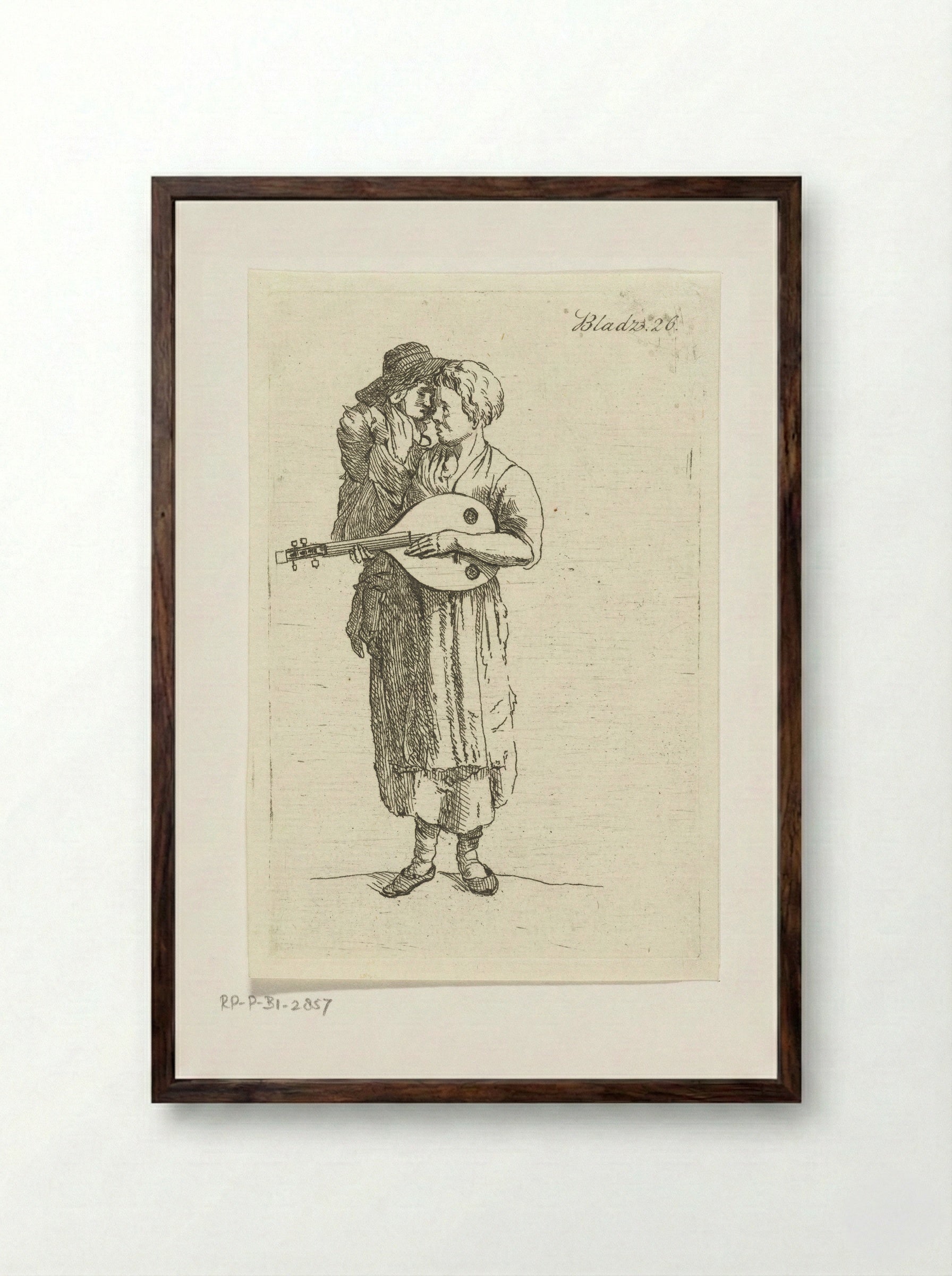Staande muzikant met handpop en luit - Anthonie van den Bos - Framed Print Dark Wood