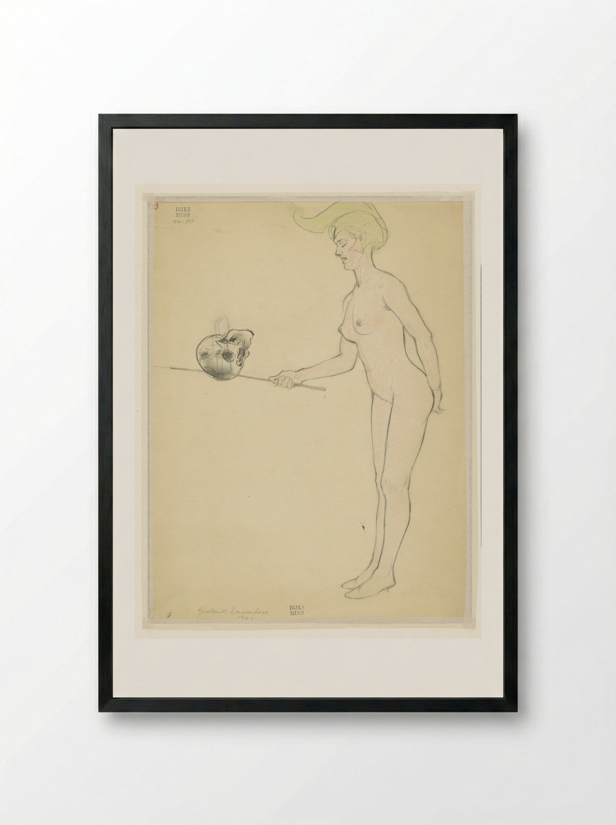 Staande naakte vrouw met een stok en een schedel - Armand Rassenfosse - Framed Print Black