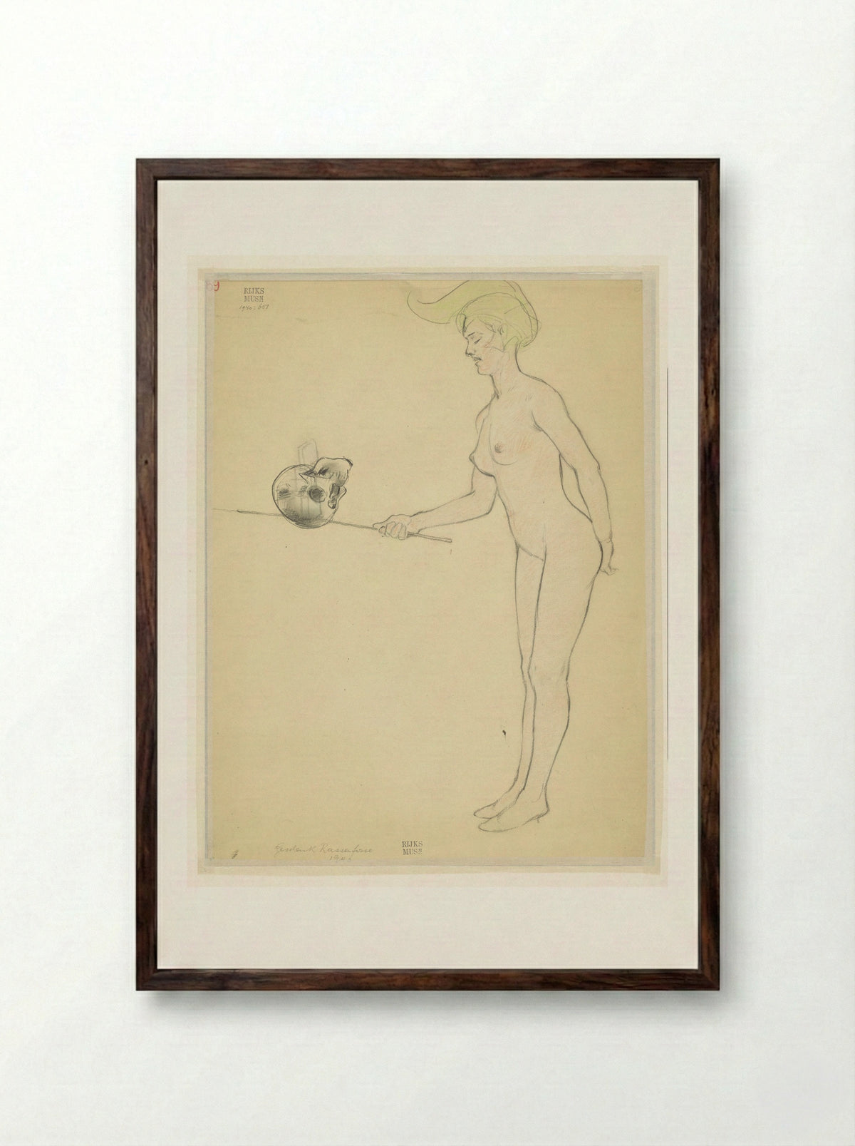 Staande naakte vrouw met een stok en een schedel - Armand Rassenfosse - Framed Print Dark Wood
