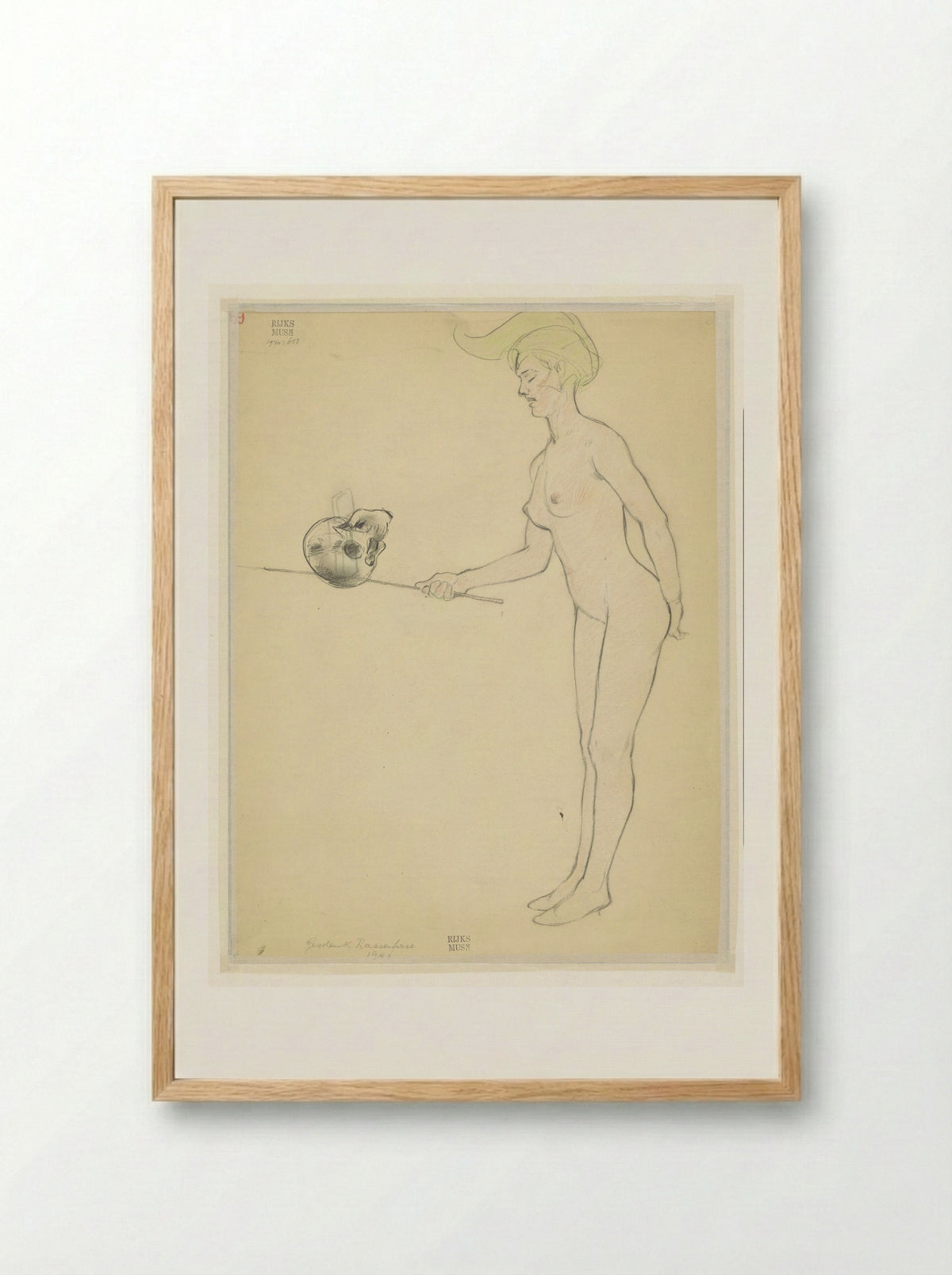 Staande naakte vrouw met een stok en een schedel - Armand Rassenfosse - Framed Print Wood