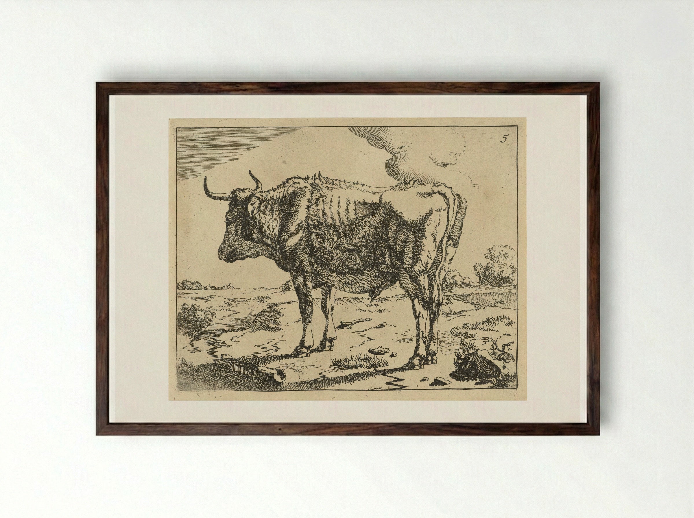 Staande stier (Standing Bull) - Marcus de Bye - Framed Print Dark Wood