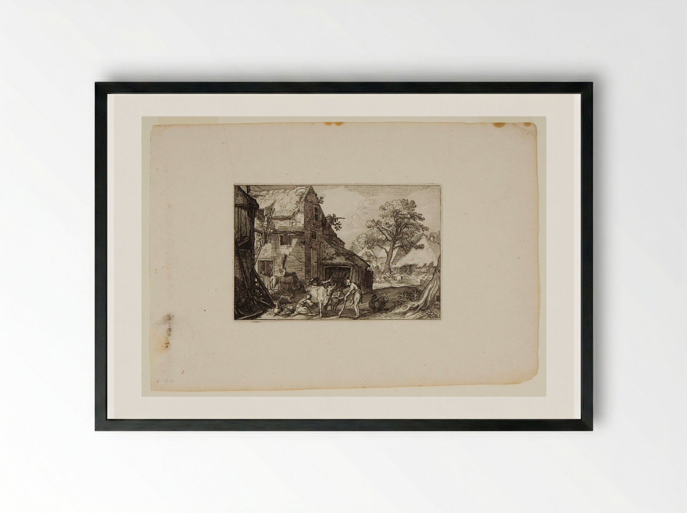 Stable with Milkmaid Milking and Two Men in Foreground - Claes Jansz. Visscher - Framed Print Black