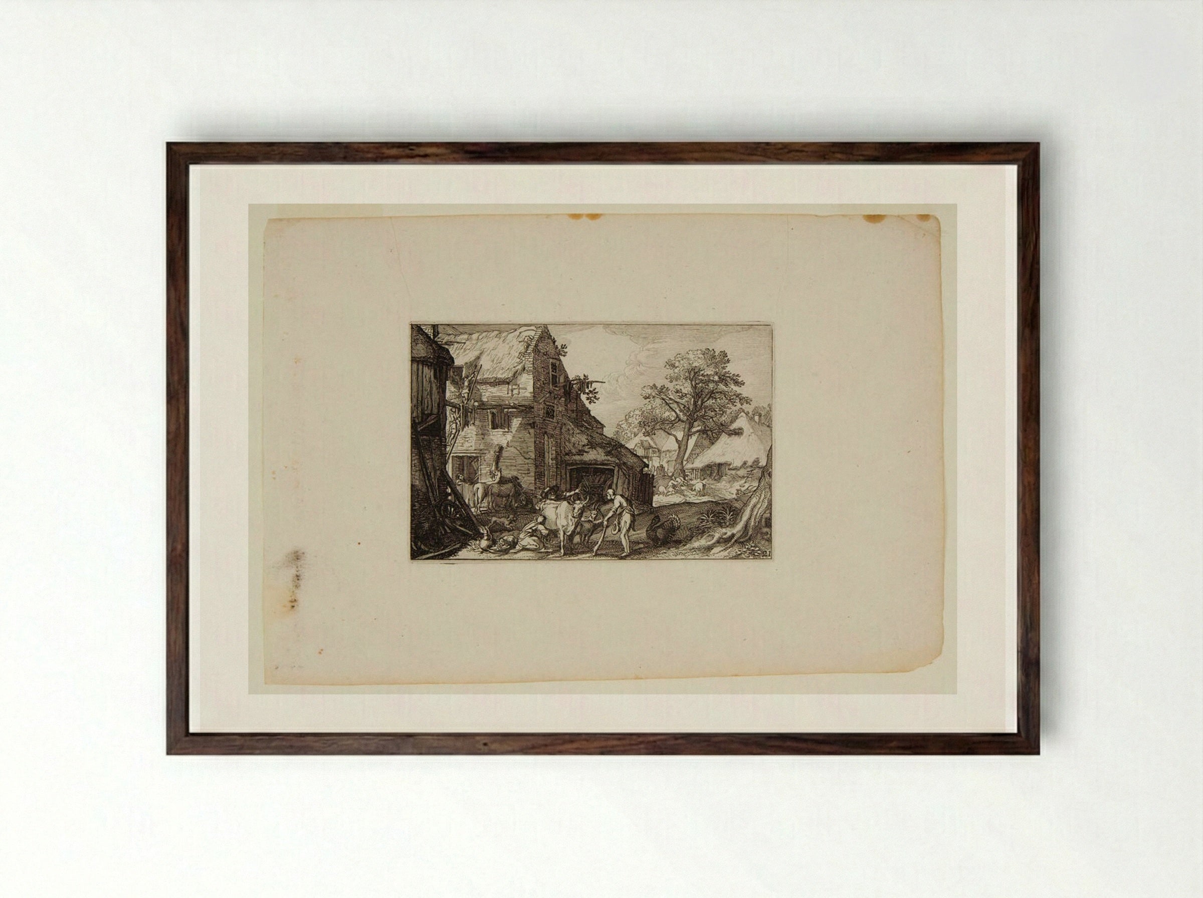 Stable with Milkmaid Milking and Two Men in Foreground - Claes Jansz. Visscher - Framed Print Dark Wood