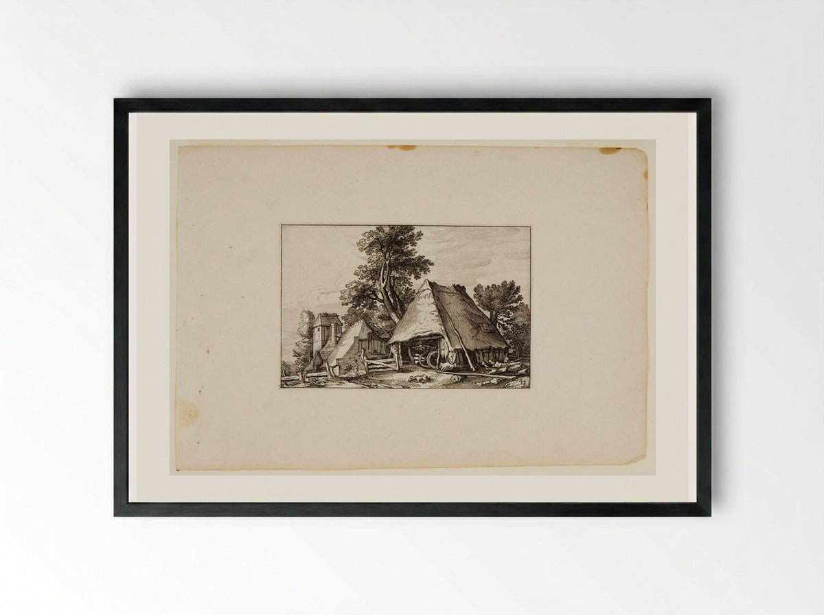Stable with Wagon Inside, Farm Buildings to Left - Claes Jansz. Visscher - Framed Print Black
