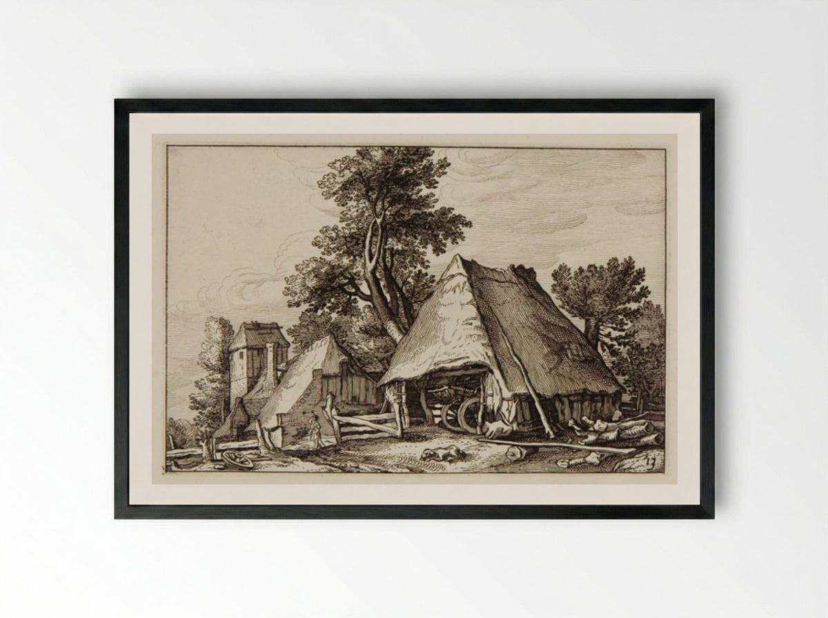 Stable with Wagon Inside, Farm Buildings to Left - Claes Jansz. Visscher - Framed Print Black