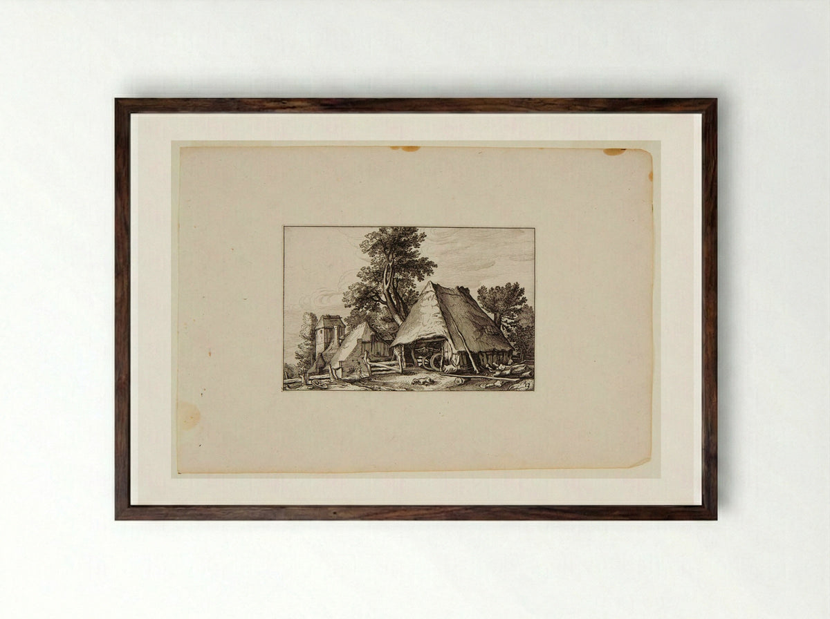 Stable with Wagon Inside, Farm Buildings to Left - Claes Jansz. Visscher - Framed Print Dark Wood