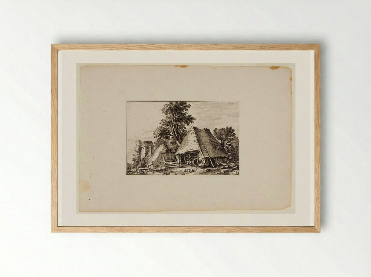 Stable with Wagon Inside, Farm Buildings to Left - Claes Jansz. Visscher - Framed Print Wood