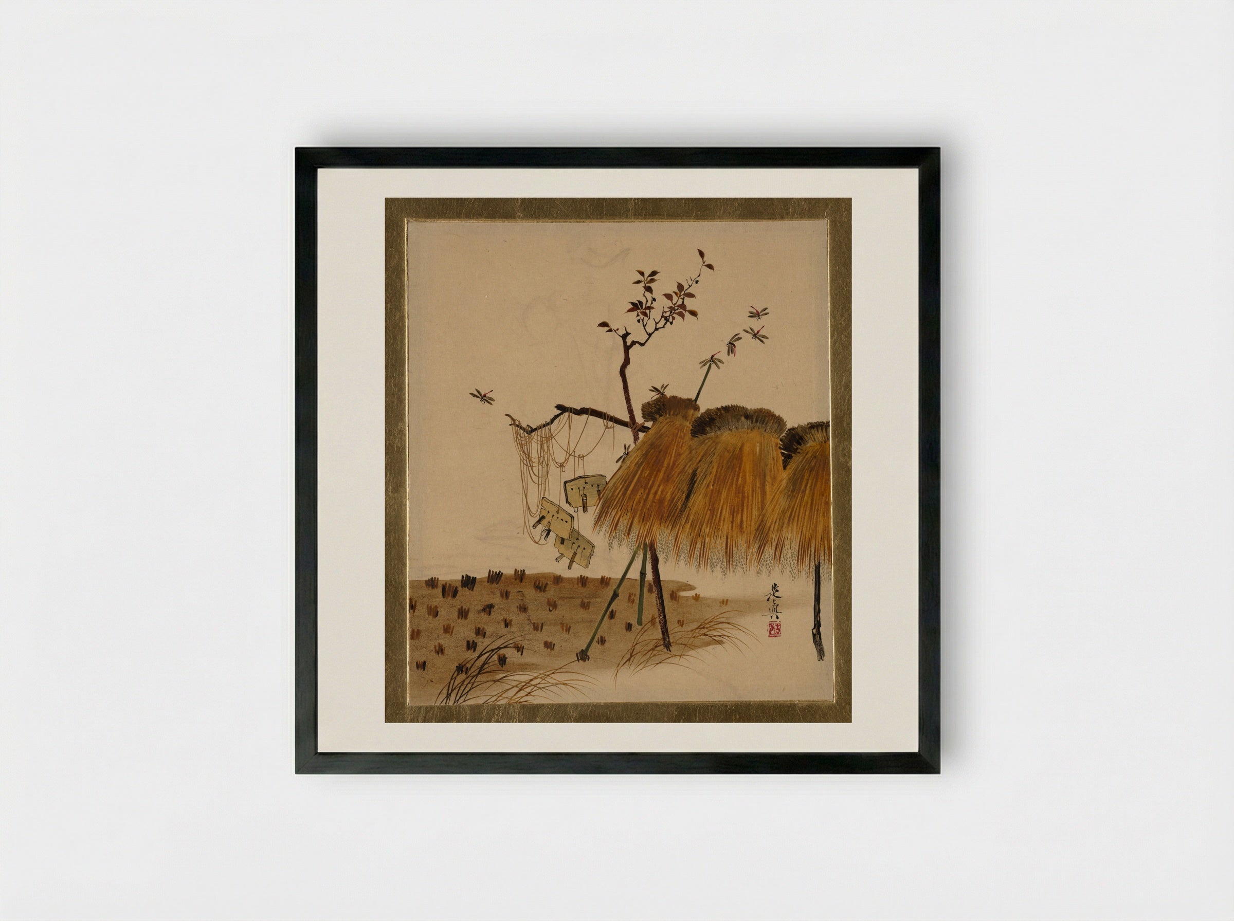 Stack of Rice and Dragonflies - Shibata Zeshin - Framed Print Black