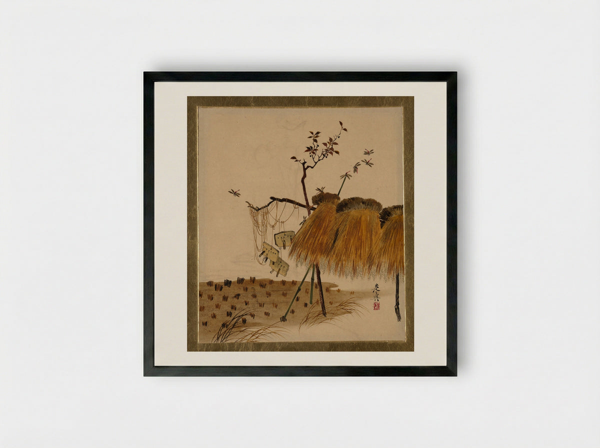 Stack of Rice and Dragonflies - Shibata Zeshin - Framed Print Black