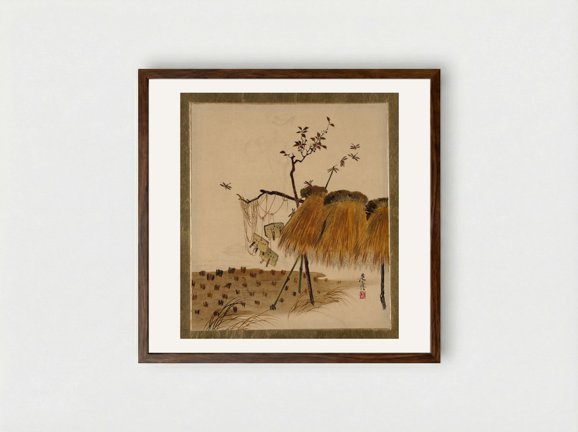 Stack of Rice and Dragonflies - Shibata Zeshin - Framed Print Dark Wood