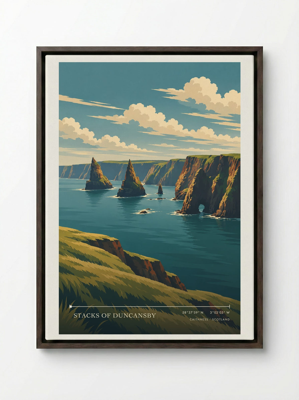 Stacks of Duncansby, Caithness | Travel Poster - Framed Canvas Dark Wood