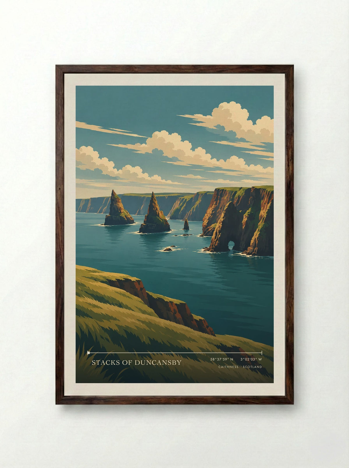 Stacks of Duncansby, Caithness | Travel Poster - Framed Print Dark Wood