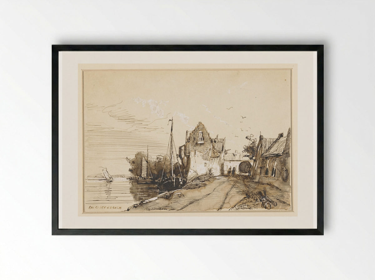 Stadje aan een rivier - Jan Weissenbruch - Framed Print Black