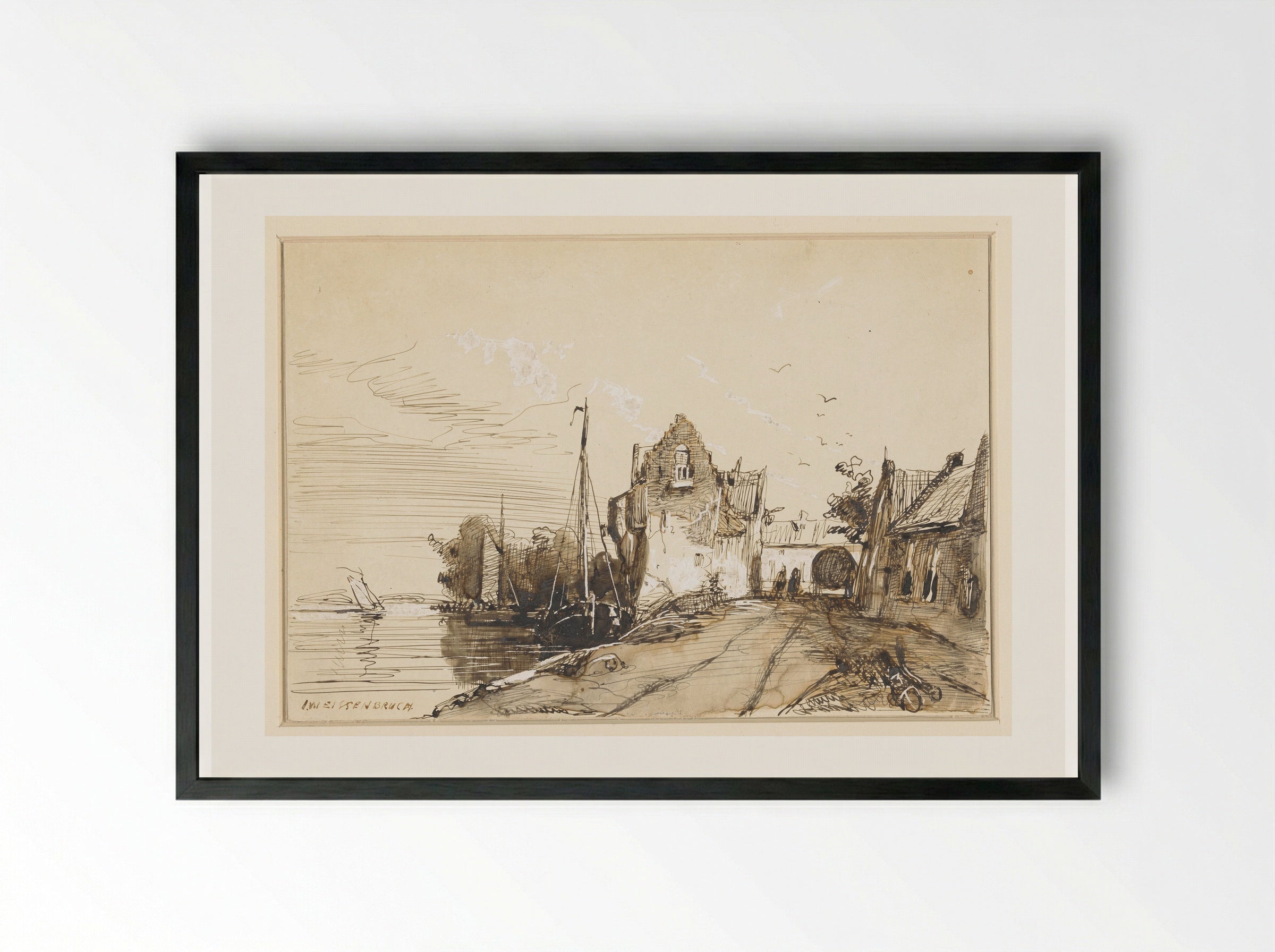 Stadje aan een rivier - Jan Weissenbruch - Framed Print Black