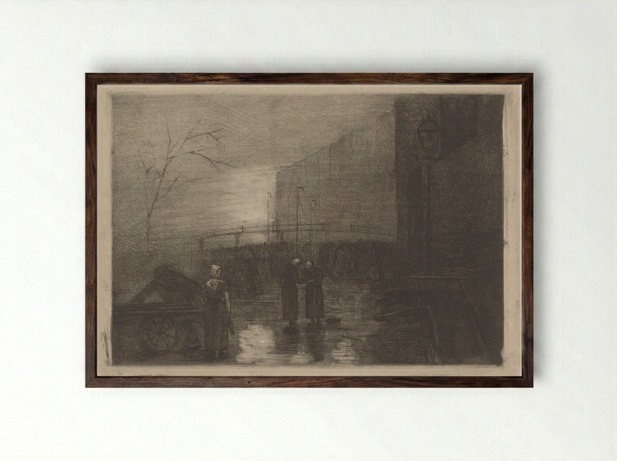 Stadsgezicht bij nevelachtig weer - Simon Moulijn - Framed Print Dark Wood