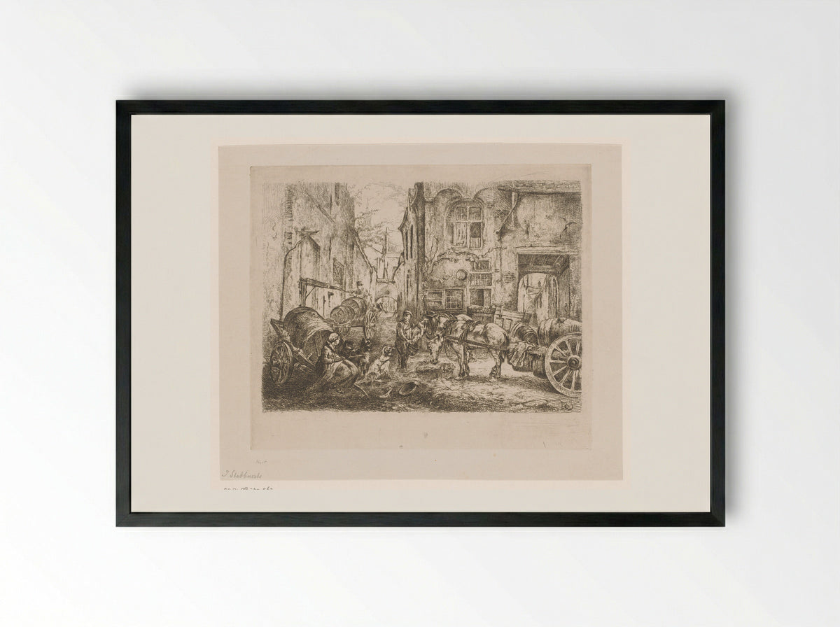 Stadsgezicht met figuren en wagens op een kruispunt - Jan Stobbaerts - Framed Print Black