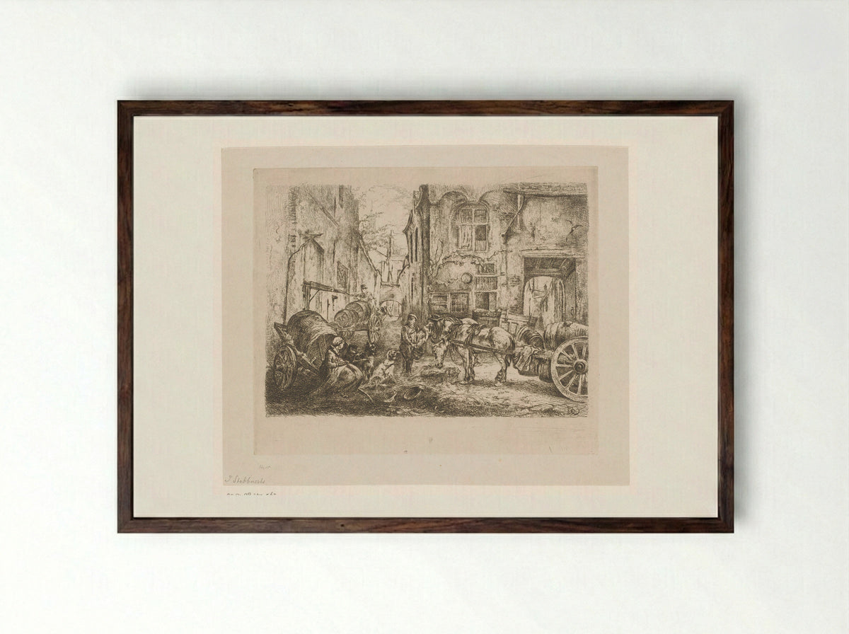Stadsgezicht met figuren en wagens op een kruispunt - Jan Stobbaerts - Framed Print Dark Wood