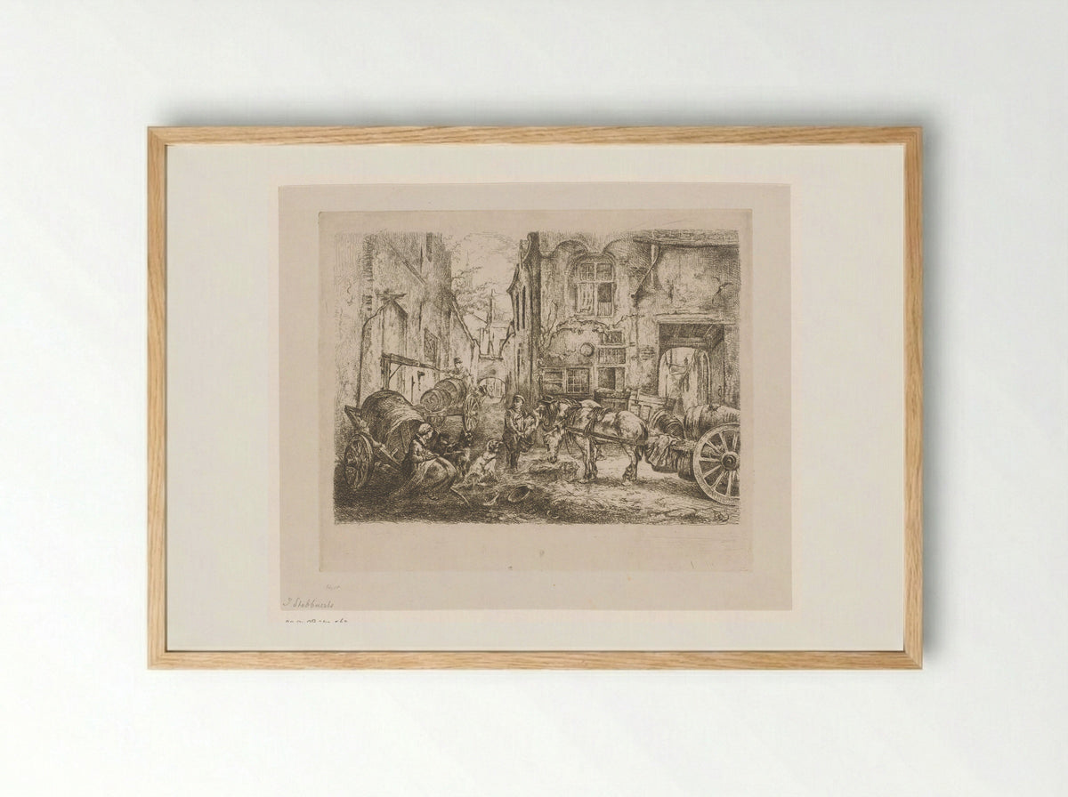 Stadsgezicht met figuren en wagens op een kruispunt - Jan Stobbaerts - Framed Print Wood