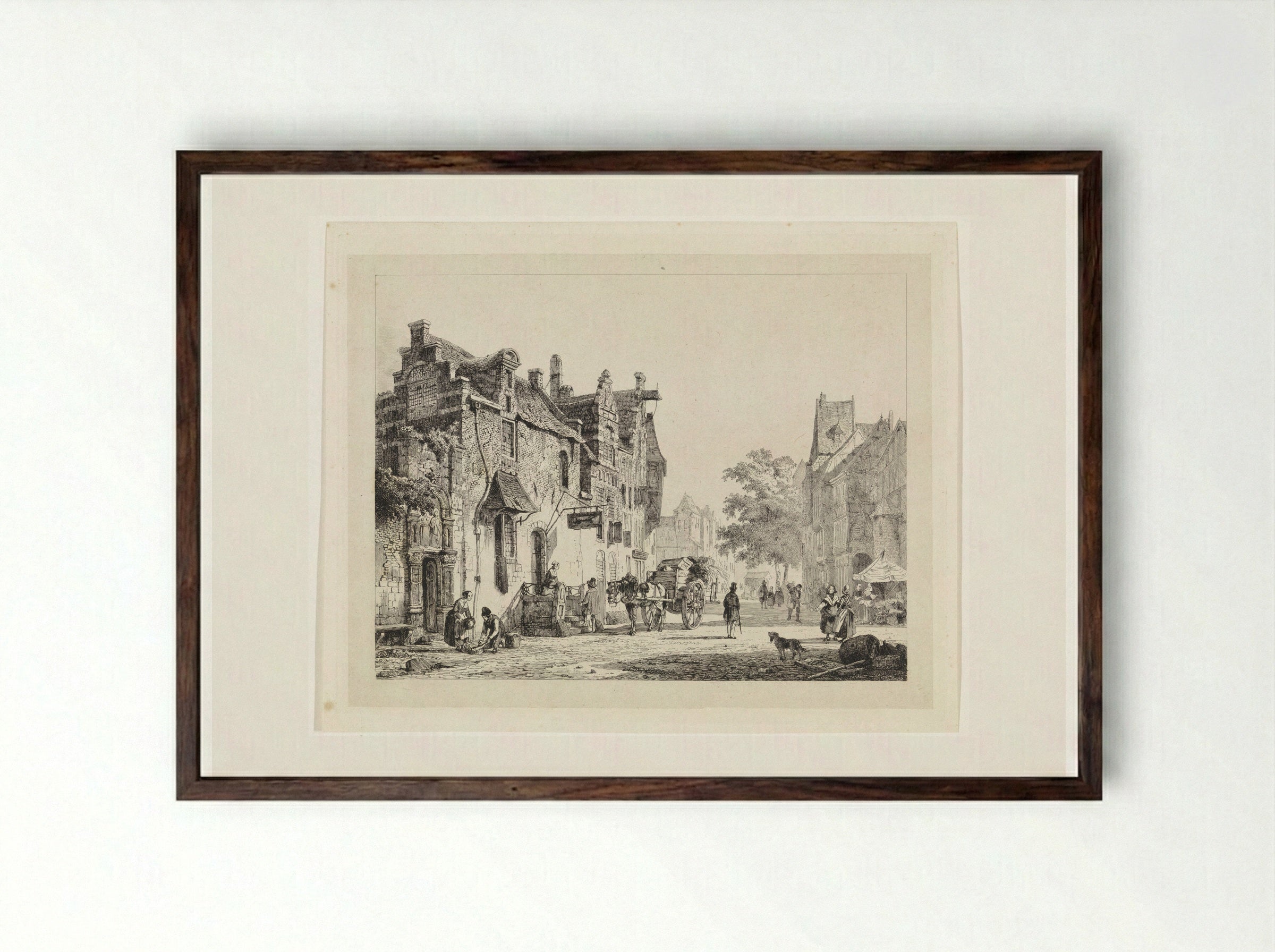 Stadsgezicht met paardenkar - Cornelis Springer - Framed Print Dark Wood