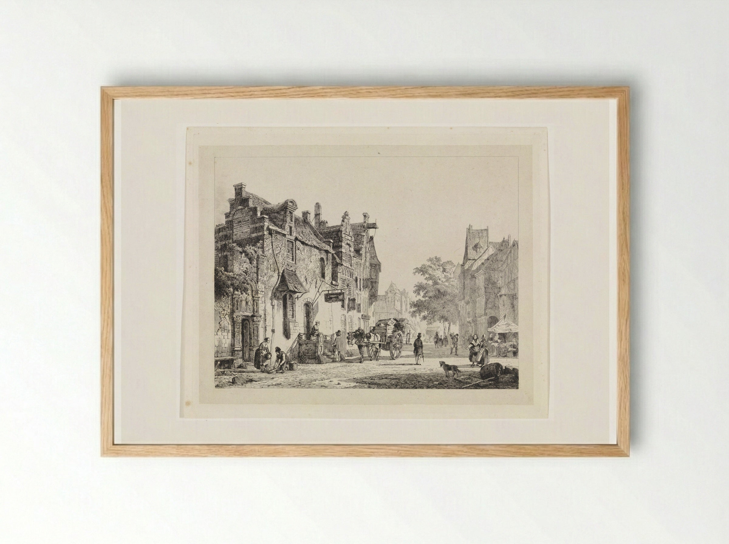 Stadsgezicht met paardenkar - Cornelis Springer - Framed Print Wood