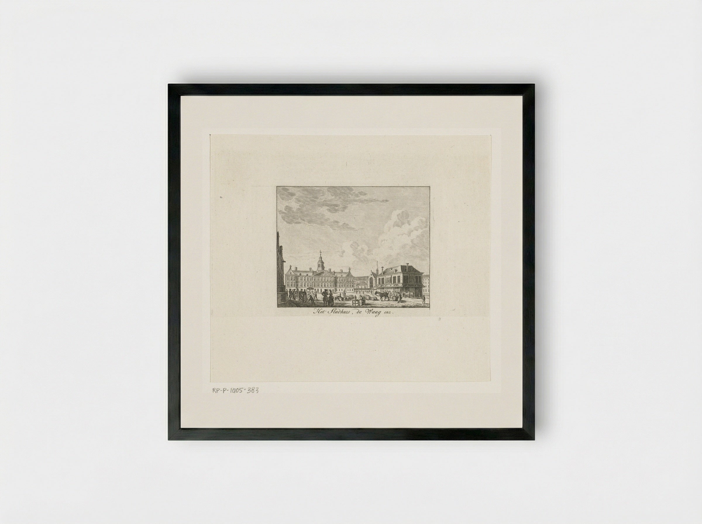 Stadsgezicht met stadhuis en de Waag te Amsterdam - Cornelis Brouwer - Framed Print Black