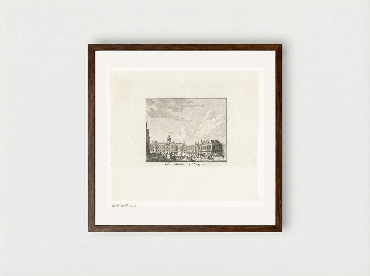 Stadsgezicht met stadhuis en de Waag te Amsterdam - Cornelis Brouwer - Framed Print Dark Wood