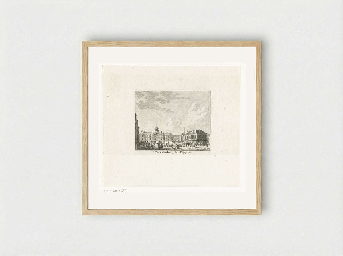 Stadsgezicht met stadhuis en de Waag te Amsterdam - Cornelis Brouwer - Framed Print Wood