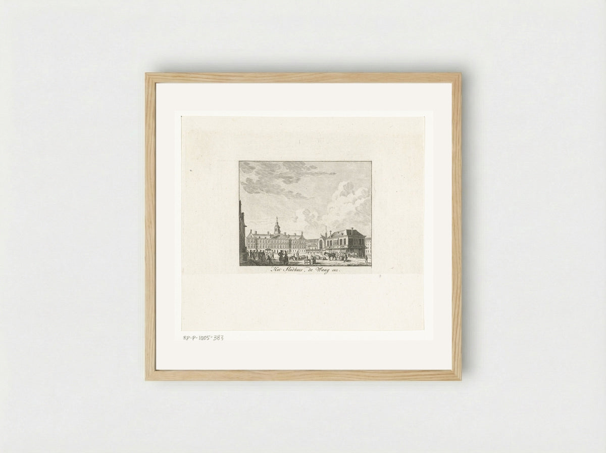 Stadsgezicht met stadhuis en de Waag te Amsterdam - Cornelis Brouwer - Framed Print Wood