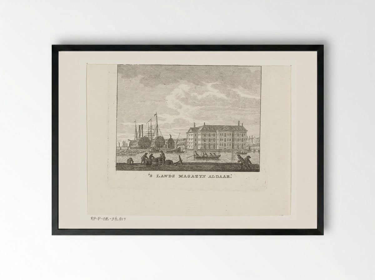 Stadsgezicht met zeemagazijn en haven met schepen te Amsterdam - Cornelis Brouwer - Framed Print Black