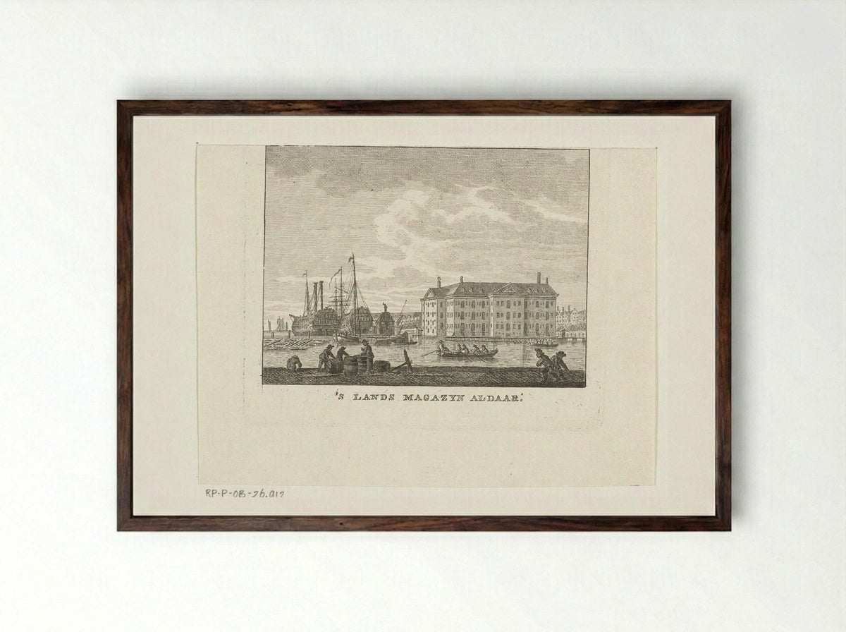 Stadsgezicht met zeemagazijn en haven met schepen te Amsterdam - Cornelis Brouwer - Framed Print Dark Wood